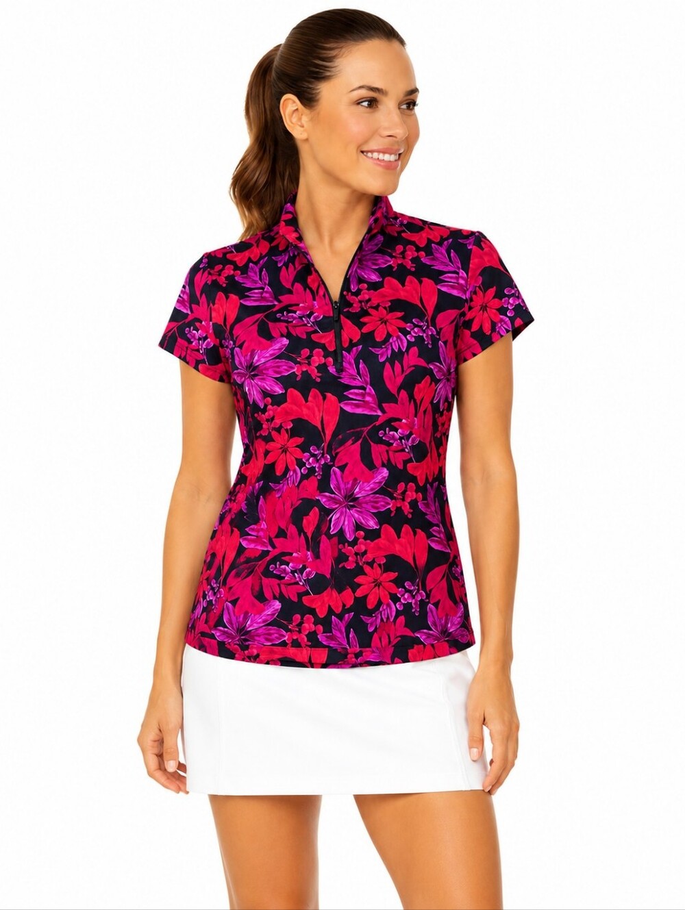 Tommy Bahama IslandZone Floral Golf Polo Shirt Women's Small Pink Black